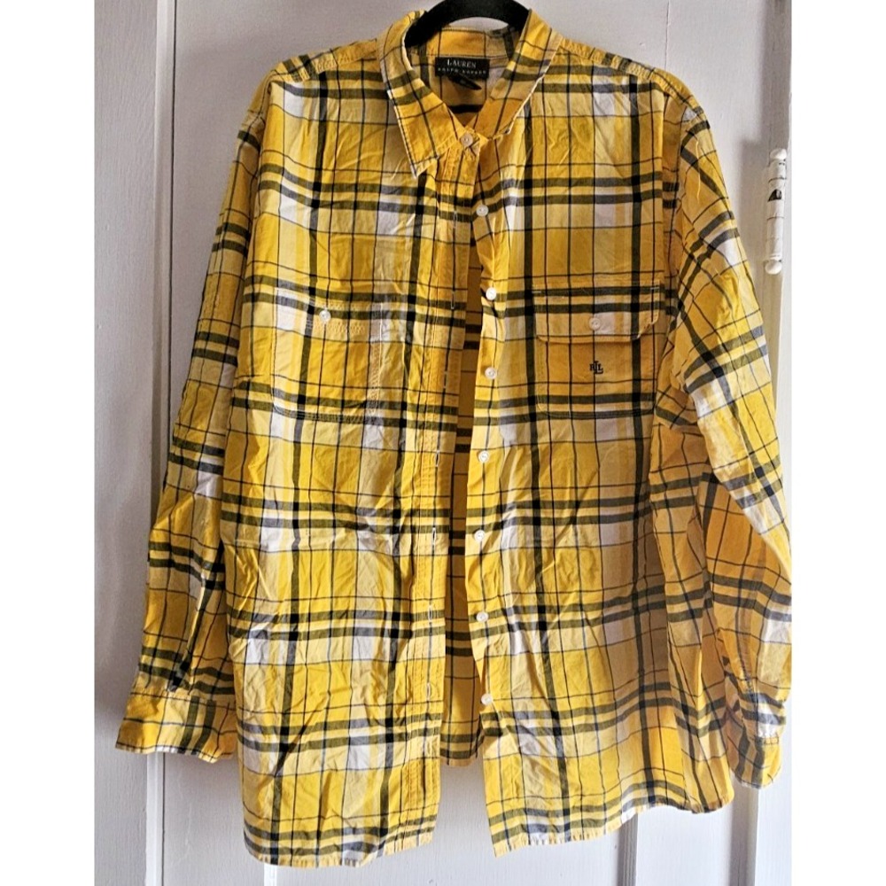 LAUREN RALPH AUREN womans 3X yellow plaid button pocket front shirt roll tab